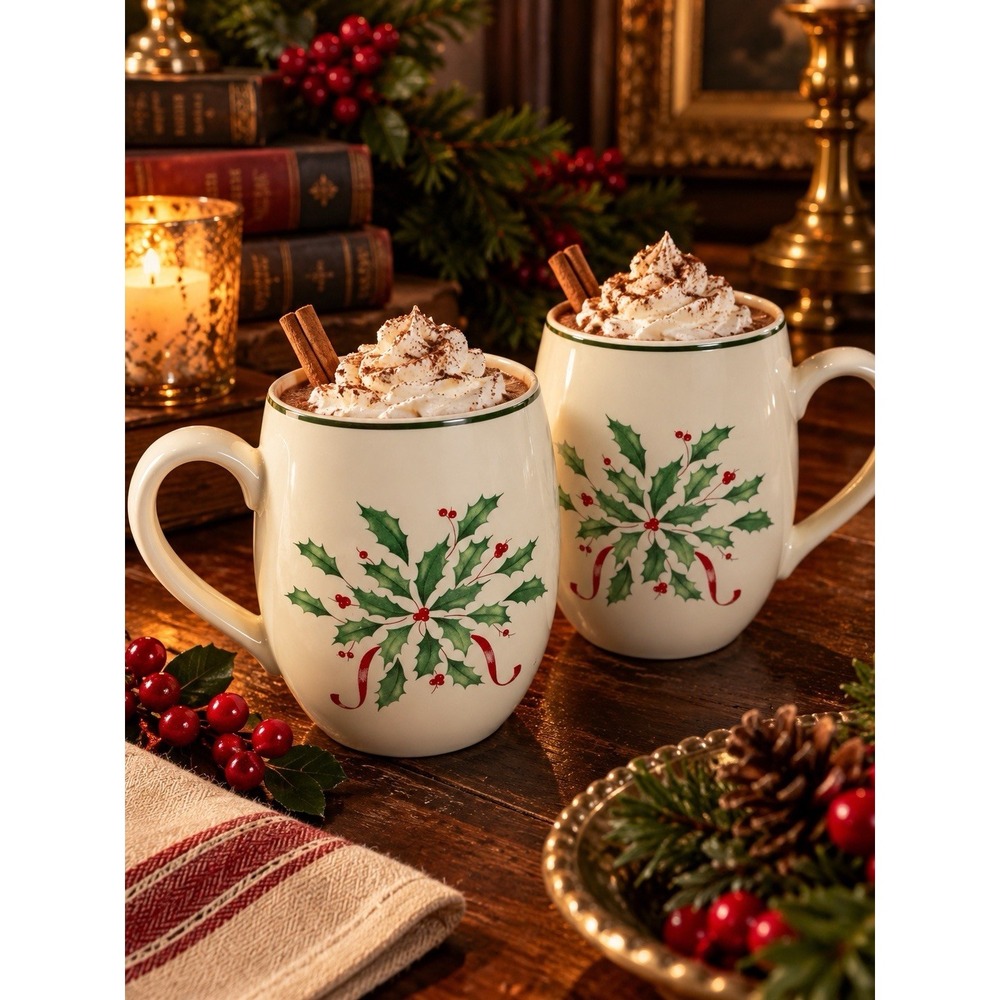 Lenox Holiday Holly Berry Cocoa Mugs Set of 2 18 oz Christmas Coffee Cups NWT
